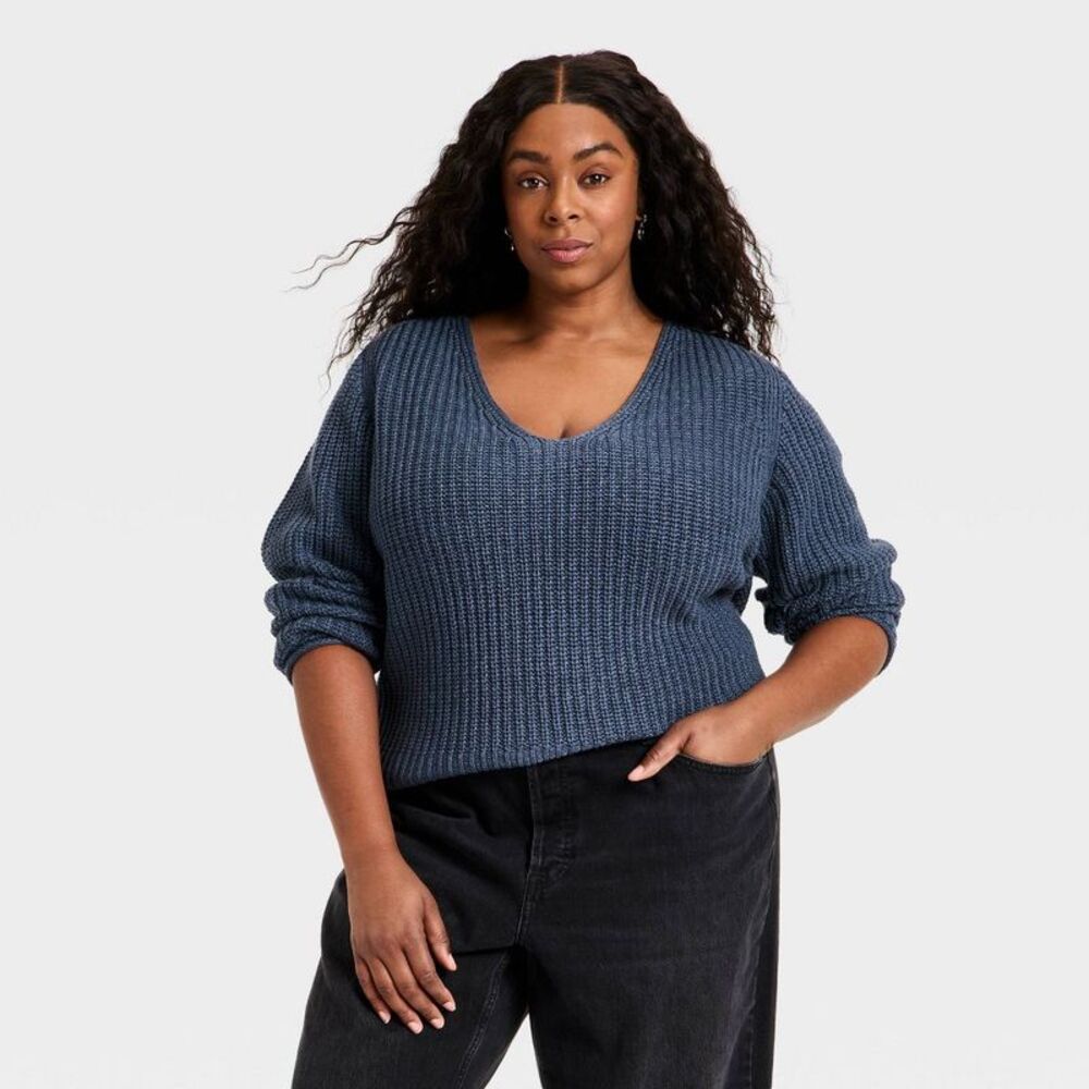 Women's Wide V-Neck Pullover Sweater - Universal Thread Indigo XXL